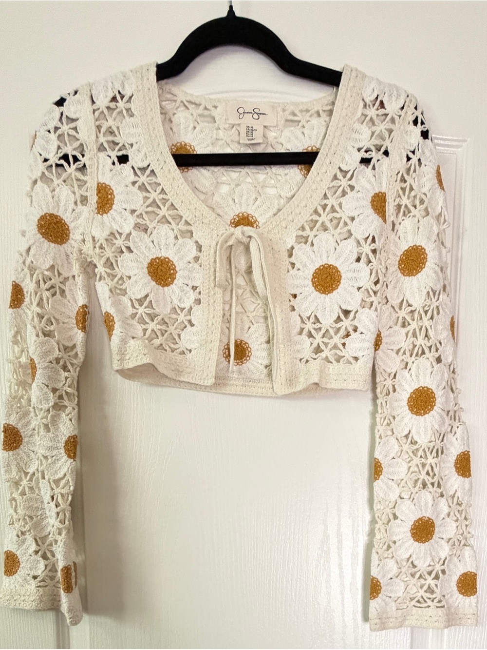 Jessica Simpson Cream Crochet Daisy Tie-Front Top with Mustard Centers Size XS